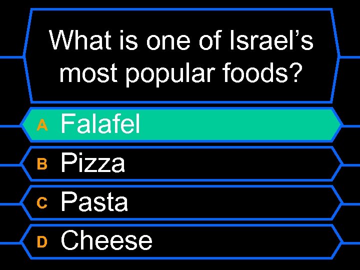 What is one of Israel’s most popular foods? A B C D Falafel Pizza