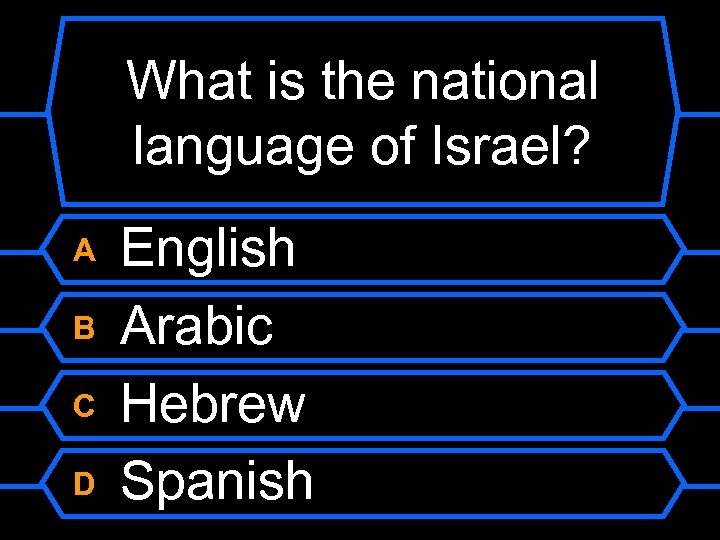 What is the national language of Israel? A B C D English Arabic Hebrew