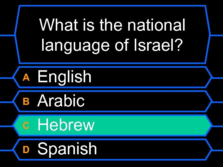 What is the national language of Israel? A B C D English Arabic Hebrew