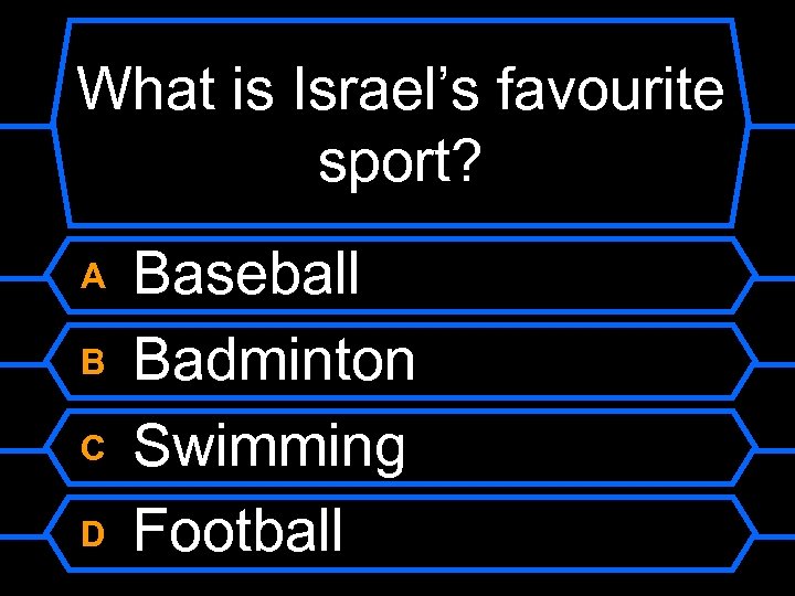 What is Israel’s favourite sport? A B C D Baseball Badminton Swimming Football 