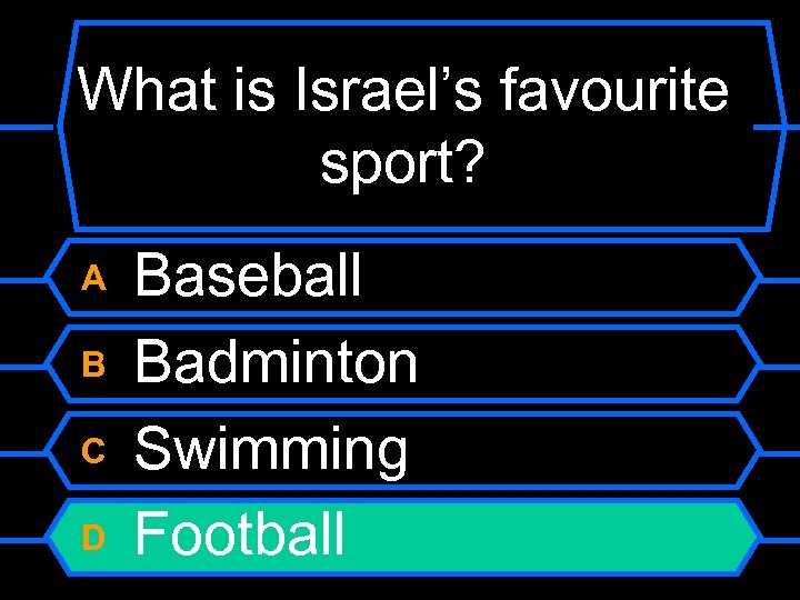 What is Israel’s favourite sport? A B C D Baseball Badminton Swimming Football 