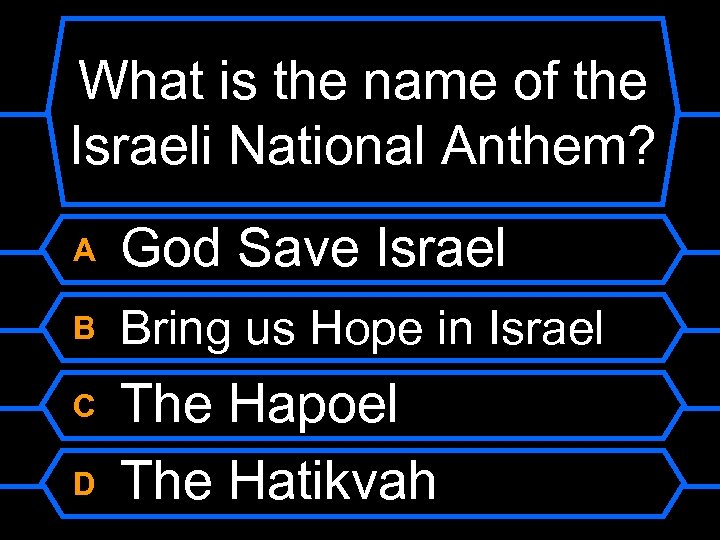 What is the name of the Israeli National Anthem? A God Save Israel B
