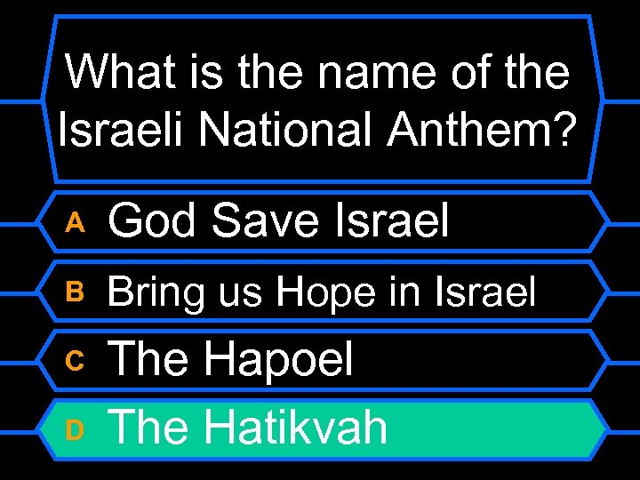 What is the name of the Israeli National Anthem? A God Save Israel B