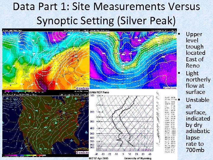 Data Part 1: Site Measurements Versus Synoptic Setting (Silver Peak) • Upper level trough