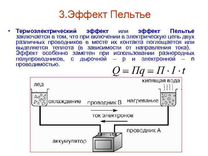 3. Эффект Пельтье • Термоэлектрический эффект или эффект Пельтье заключается в том, что при