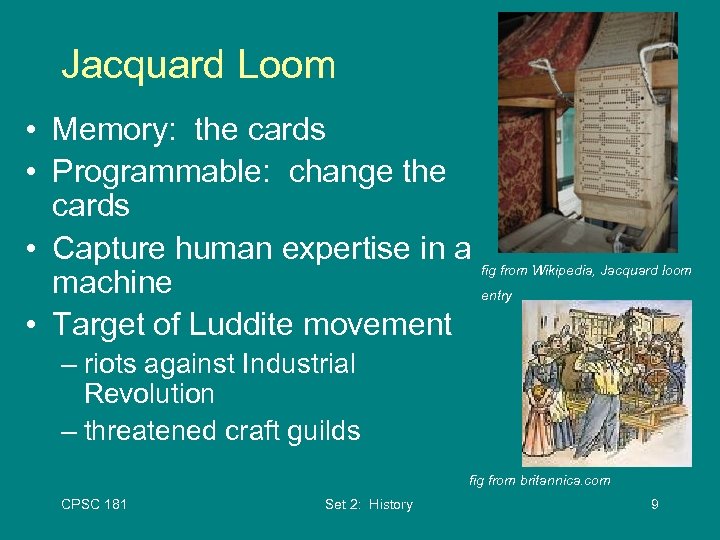 Jacquard Loom • Memory: the cards • Programmable: change the cards • Capture human