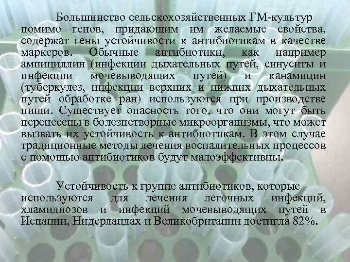 Большинство сельскохозяйственных ГМ-культур помимо генов, придающим им желаемые свойства, содержат гены устойчивости к антибиотикам