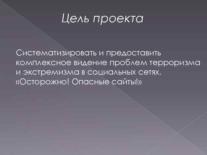 Цель проекта Систематизировать и предоставить комплексное видение проблем терроризма и экстремизма в социальных сетях.