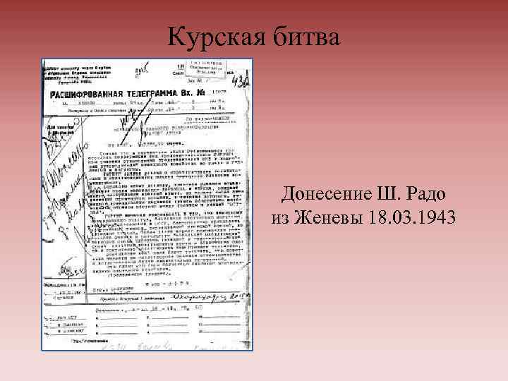 Курская битва Донесение Ш. Радо из Женевы 18. 03. 1943 