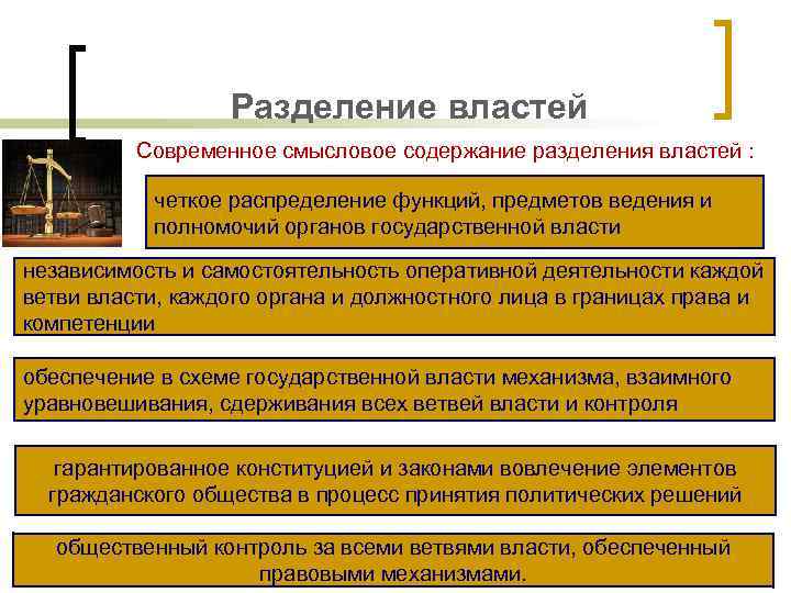 Разделение властей Современное смысловое содержание разделения властей : четкое распределение функций, предметов ведения и