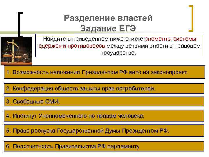 Разделение властей Задание ЕГЭ Найдите в приведенном ниже списке элементы системы сдержек и противовесов