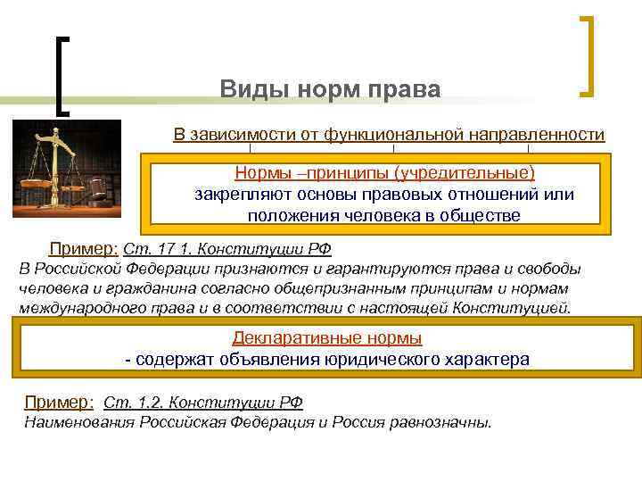 Виды норм права В зависимости от функциональной направленности Нормы –принципы (учредительные) закрепляют основы правовых
