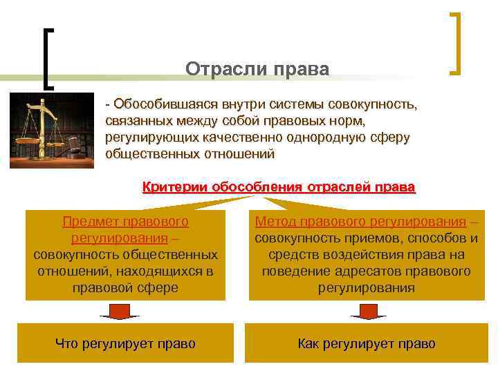 Отрасли права Обособившаяся внутри системы совокупность, связанных между собой правовых норм, регулирующих качественно однородную
