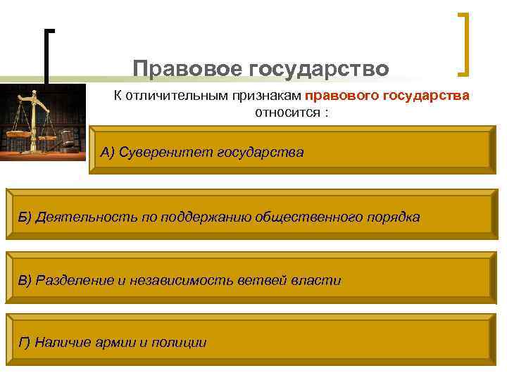 Правовое государство К отличительным признакам правового государства относится : А) Суверенитет государства Б) Деятельность