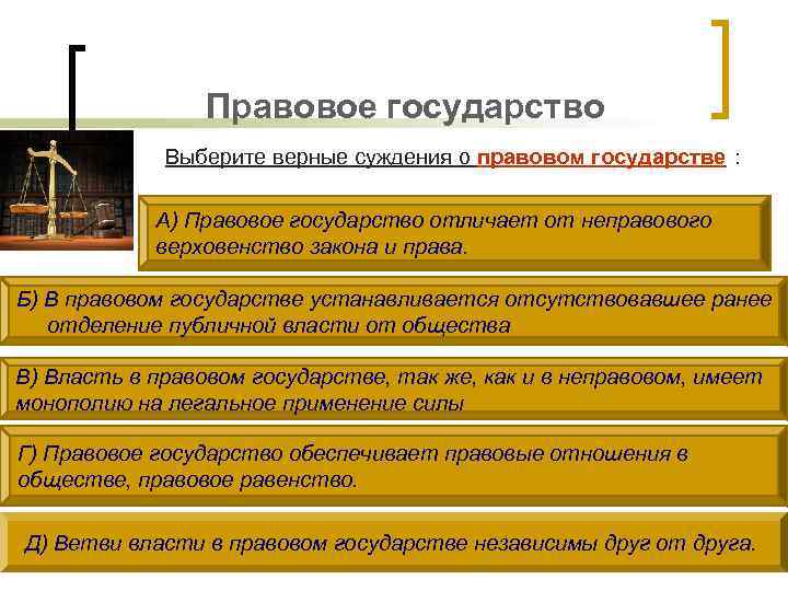 Правовое государство Выберите верные суждения о правовом государстве : А) Правовое государство отличает от