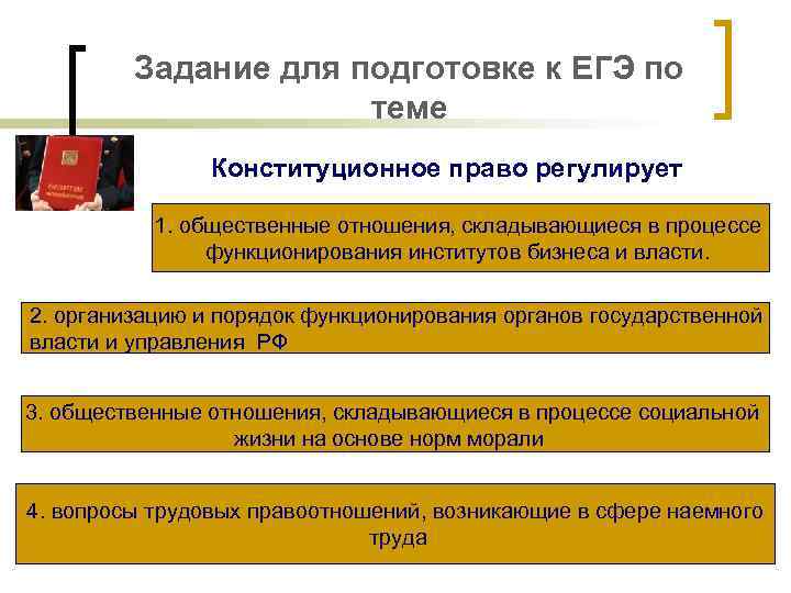 Задание для подготовке к ЕГЭ по теме Конституционное право регулирует 1. общественные отношения, складывающиеся