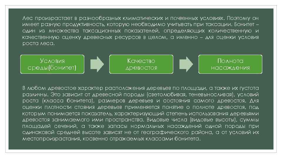 Лес произрастает в разнообразных климатических и почвенных условиях. Поэтому он имеет разную продуктивность, которую