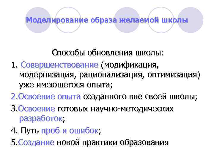 Моделирование образа желаемой школы Способы обновления школы: 1. Совершенствование (модификация, модернизация, рационализация, оптимизация) уже