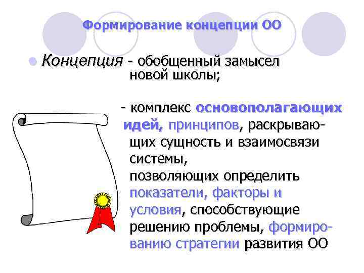 Формирование концепции ОО l Концепция - обобщенный замысел новой школы; - комплекс основополагающих идей,