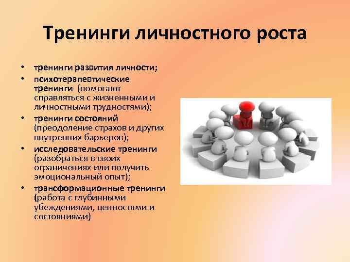 Тренинги личностного роста • тренинги развития личности; • психотерапевтические тренинги (помогают справляться с жизненными