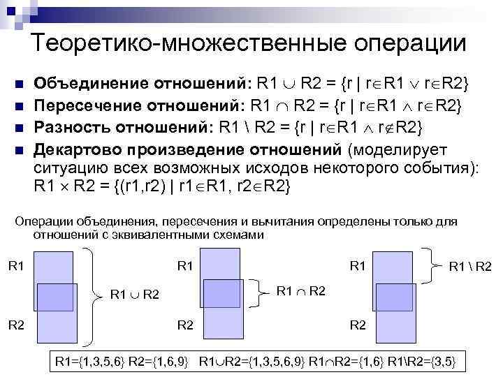 Теоретико-множественные операции n n Объединение отношений: R 1 R 2 = {r | r