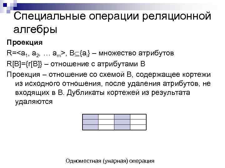 Специальные операции реляционной алгебры Проекция R=<a 1, a 2, … am>, B {ai} –