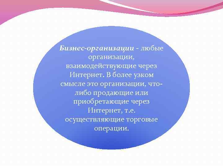 Бизнес-организации - любые организации, взаимодействующие через Интернет. В более узком смысле это организации, чтолибо