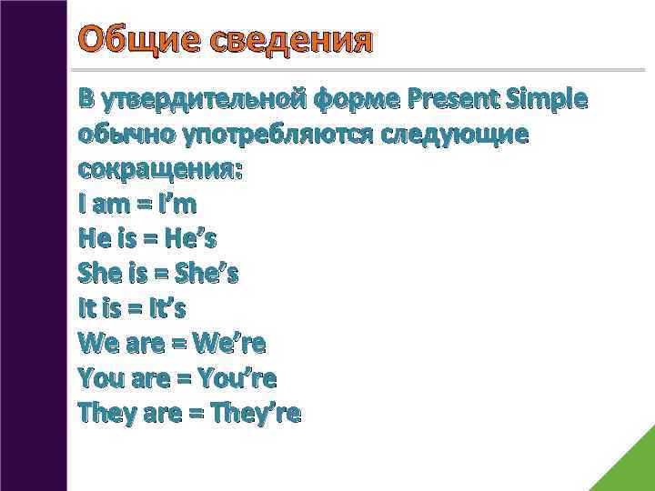 Общие сведения В утвердительной форме Present Simple обычно употребляются следующие сокращения: I am =