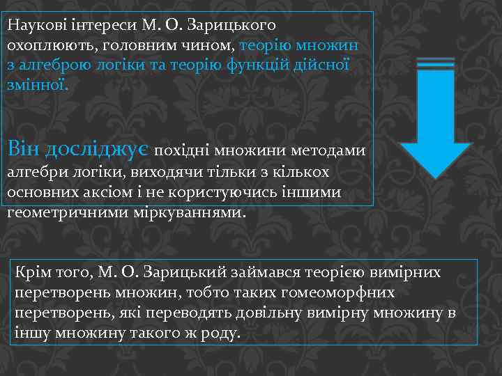 Наукові інтереси М. О. Зарицького охоплюють, головним чином, теорію множин з алгеброю логіки та