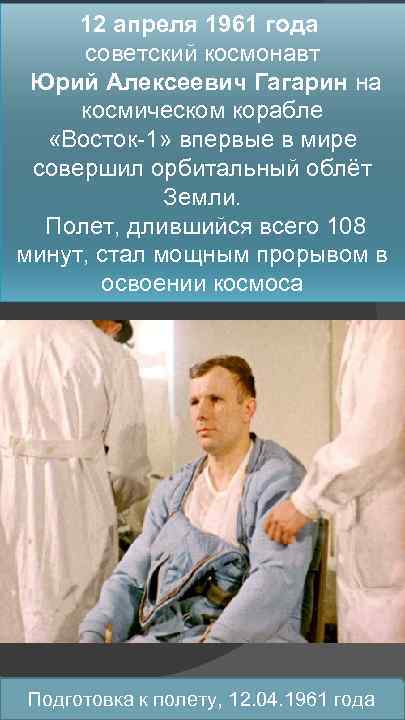 12 апреля 1961 года советский космонавт Юрий Алексеевич Гагарин на космическом корабле «Восток-1» впервые