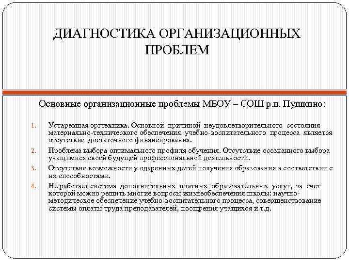 ДИАГНОСТИКА ОРГАНИЗАЦИОННЫХ ПРОБЛЕМ Основные организационные проблемы МБОУ – СОШ р. п. Пушкино: 1. 2.