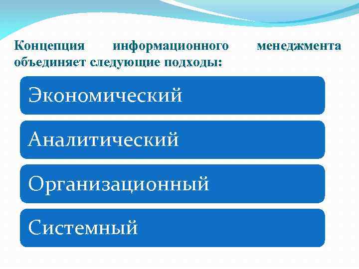 Концепция информационного объединяет следующие подходы: Экономический Аналитический Организационный Системный менеджмента 