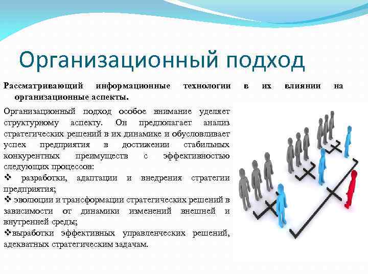 Организационный подход Рассматривающий информационные организационные аспекты. технологии Организационный подход особое внимание уделяет структурному аспекту.