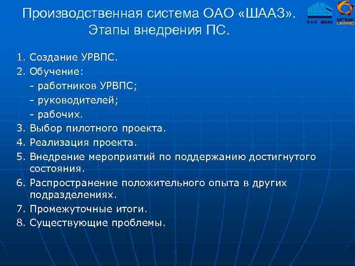 Производственная система ОАО «ШААЗ» . Этапы внедрения ПС. 1. Создание УРВПС. 2. Обучение: -