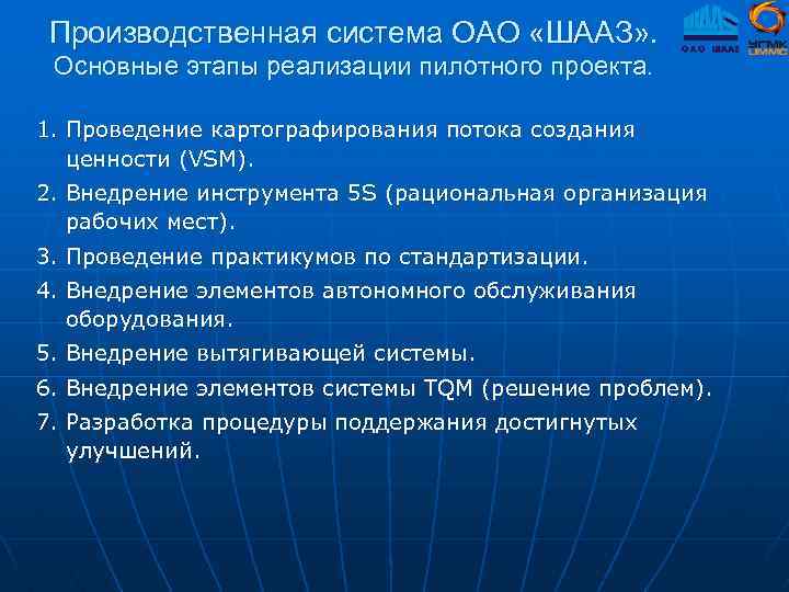 Производственная система ОАО «ШААЗ» . Основные этапы реализации пилотного проекта. 1. Проведение картографирования потока