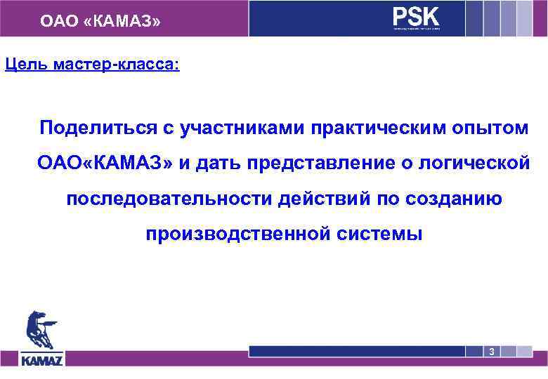 ОАО «КАМАЗ» Цель мастер-класса: Поделиться с участниками практическим опытом ОАО «КАМАЗ» и дать представление