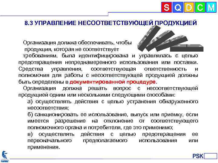 8. 3 УПРАВЛЕНИЕ НЕСООТВЕТСТВУЮЩЕЙ ПРОДУКЦИЕЙ Организация должна обеспечивать, чтобы продукция, которая не соответствует требованиям,