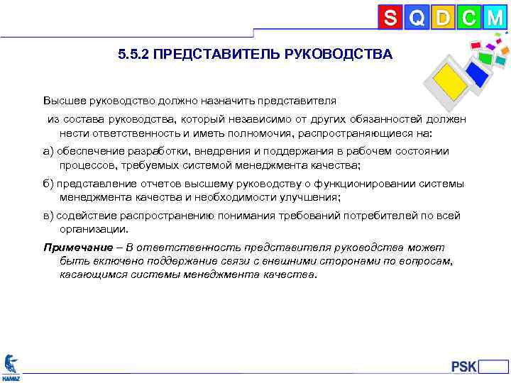 5. 5. 2 ПРЕДСТАВИТЕЛЬ РУКОВОДСТВА Высшее руководство должно назначить представителя из состава руководства, который