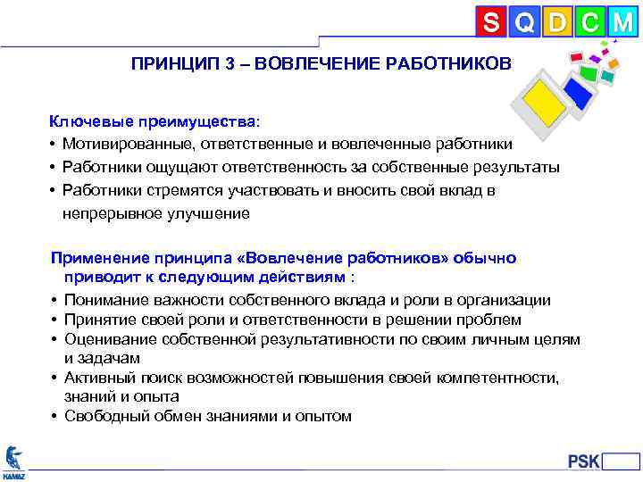 ПРИНЦИП 3 – ВОВЛЕЧЕНИЕ РАБОТНИКОВ Ключевые преимущества: • Мотивированные, ответственные и вовлеченные работники •