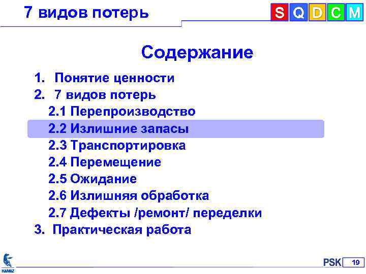 7 видов потерь Содержание 1. Понятие ценности 2. 7 видов потерь 2. 1 Перепроизводство