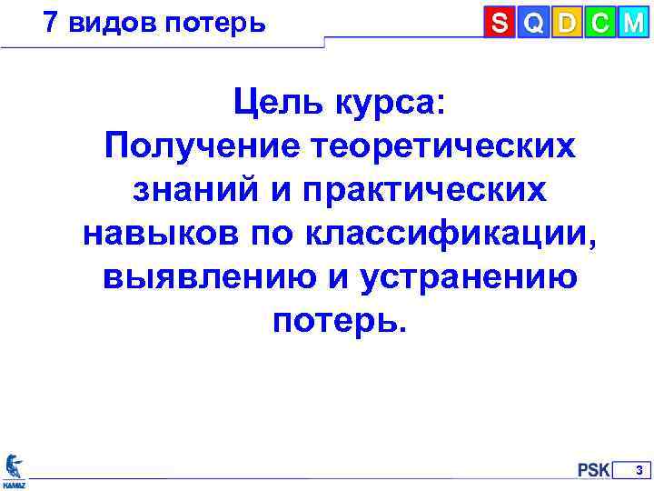 7 видов потерь Цель курса: Получение теоретических знаний и практических навыков по классификации, выявлению