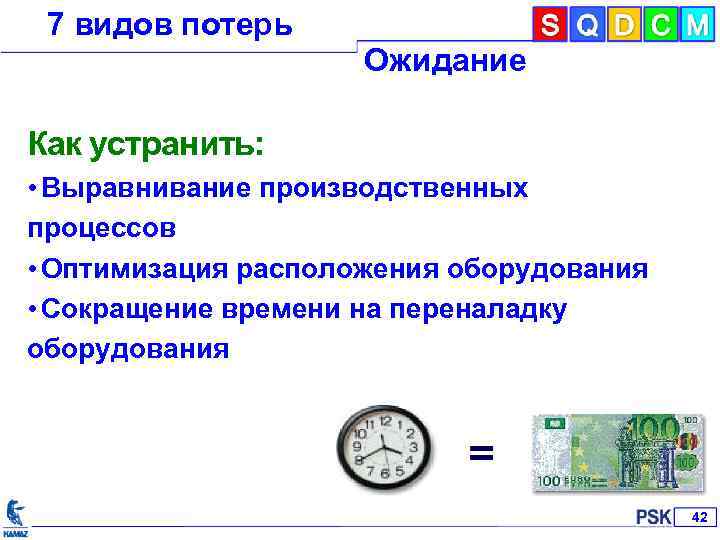 7 видов потерь Ожидание Как устранить: • Выравнивание производственных процессов • Оптимизация расположения оборудования