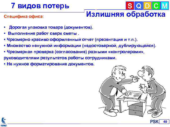 7 видов потерь Семь основных видов потерь Специфика офиса: Излишняя обработка • Дорогая упаковка