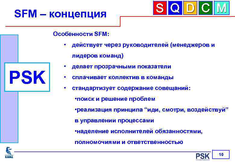 SFM – концепция S Q D C M Особенности SFM: • действует через руководителей