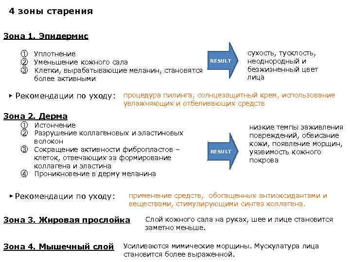 4 зоны старения Зона 1. Эпидермис ① Уплотнение ② Уменьшение кожного сала ③ Клетки,
