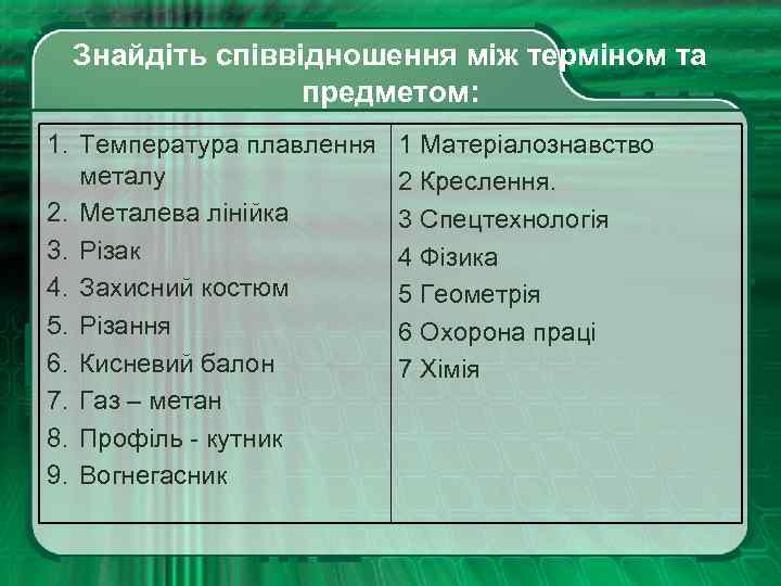 Знайдіть співвідношення між терміном та предметом: 1. Температура плавлення металу 2. Металева лінійка 3.