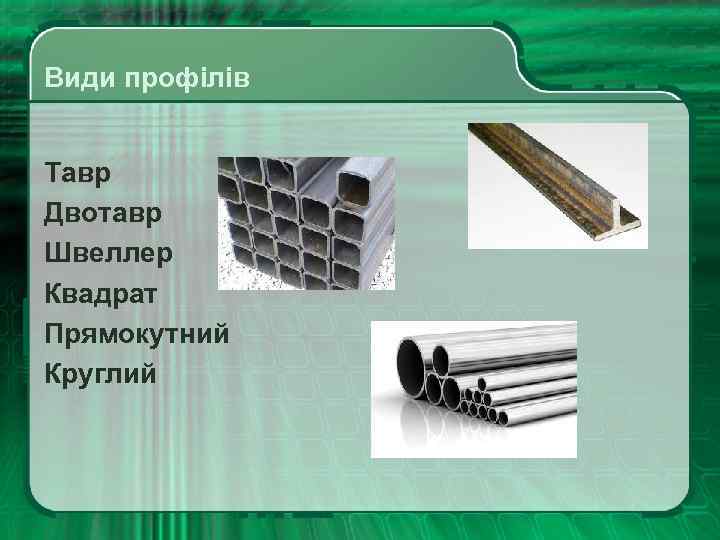 Види профілів Тавр Двотавр Швеллер Квадрат Прямокутний Круглий 
