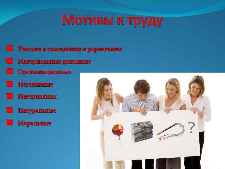 Мотивы к труду Участие в совладении и управлении Материальные денежные Организационные Негативные Патернализм Натуральные