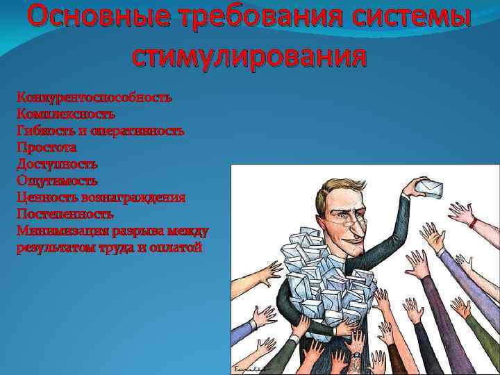 Основные требования системы стимулирования Конкурентоспособность Комплексность Гибкость и оперативность Простота Доступность Ощутимость Ценность вознаграждения