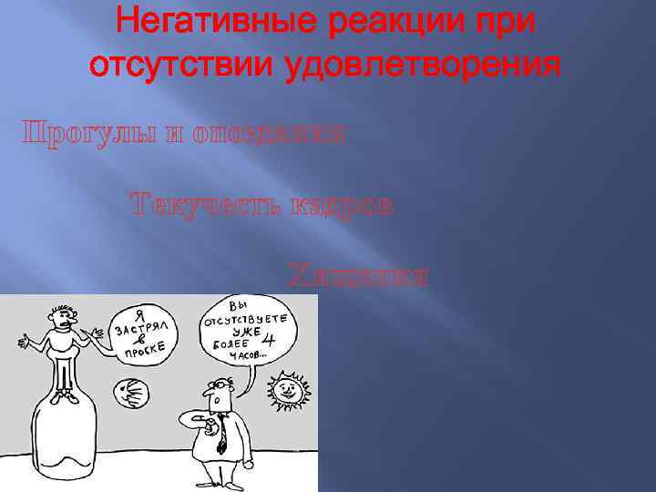 Негативные реакции при отсутствии удовлетворения Прогулы и опоздания Текучесть кадров Хищения 